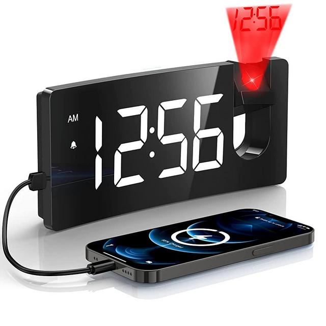 Projection Alarm Clock, Digital Clock with 180° Rotatable Projector, 3-Level Brightness Dimmer, Clear LED Display, USB Charger, Progressive Volume, 9mins Snooze,12/24H, Digital Alarm Clock for Bedroom