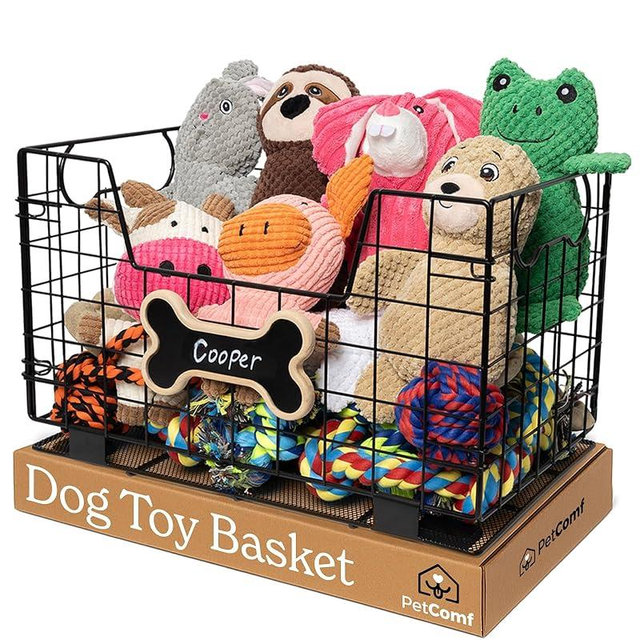 Metal Dog Toy Basket for Dogs and Cats (15” x 10” x 9”) - Heavy-Duty Storage Bin Holds Pet Chew Toys, Bones, Ropes, Blankets, Towels, Treats - Large Dog Toy Box for Living Room Area Organization