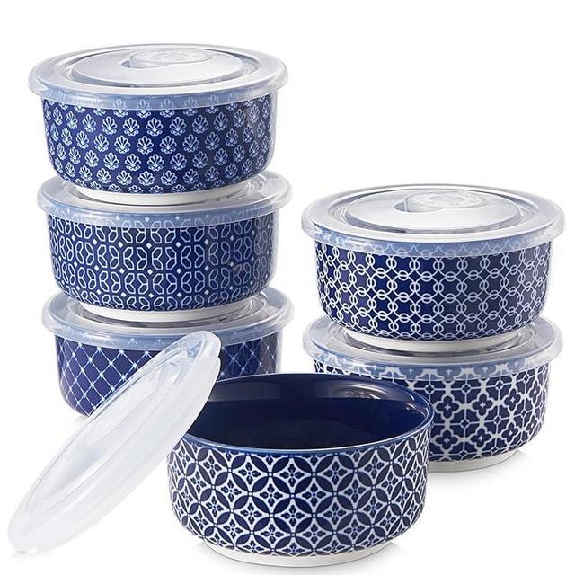 DOWAN Ramekins 6 oz Oven Safe with Lids for Creme Brulee Souffle, Ceramic Custard Cups for Baking, Dipping Bowls Condiment Sauce Cups, Set of 6, Vintage Blue