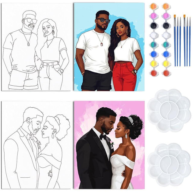 WEBEEDY Couples Pre Drawn Canvas Paint Party Kits 8 x 10 Inch Paint and Sip Kit Stretched Canvas Painting Set for Date Night Romantic Valentine's Day Christmas Anniversary Unique Gift,2 Pack 20x25cm