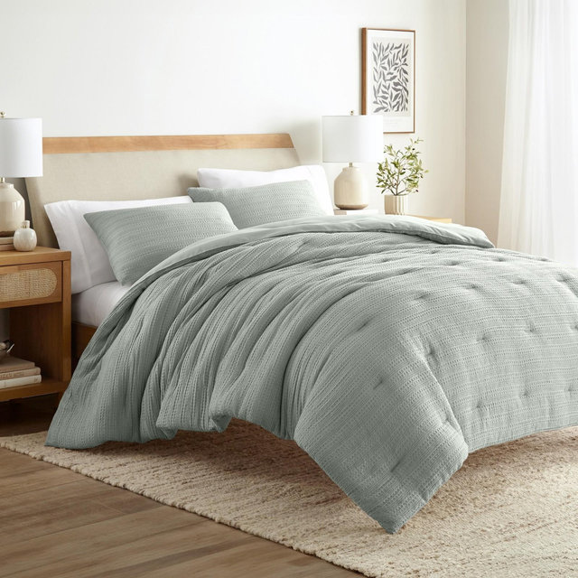 Waffle Textured Comforter Set All Season Down-Alternative Ultra Soft Bedding - Becky Cameron, Green Mist, King/California King