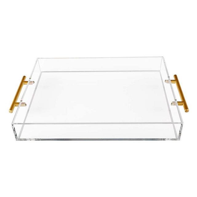 XMsound Acrylic Rectangular Serving Tray with Gold Handle for Food, Tea, Coffee, Breakfast, Snacks, Cheese, Appetizers Use in Kitchen, Bathroom, Office (11" width x14" length)