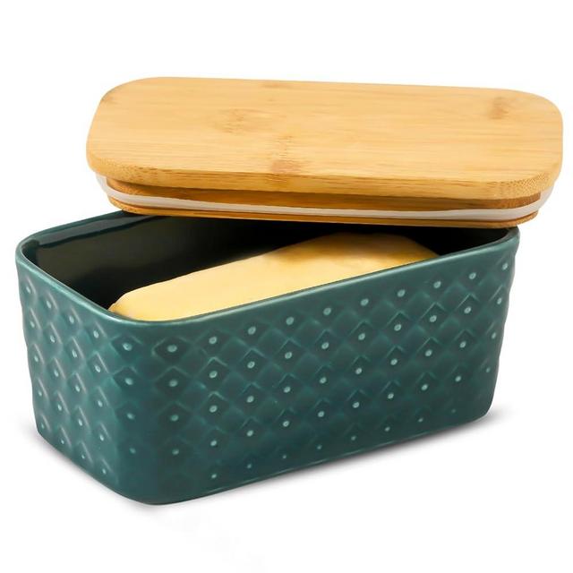 Tikooere Ceramic Butter Dish with Lid,Large Butter Container with Airtight Cover for Countertop or Refrigerator,Farmhouse Kitchen Butter Holder for New Year Gift,Dishwasher Safe,Green Embossed Pattern