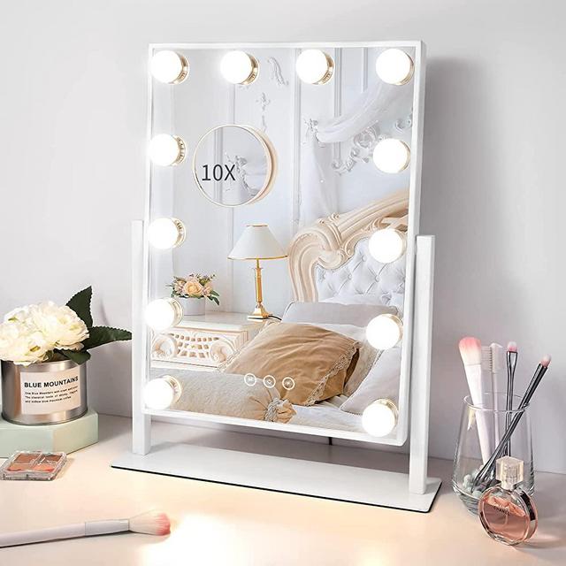 Kotdning Large Vanity Mirror with Lights, Hollywood Lighted Makeup Mirror with 12 Dimmable LED Bulbs for Dressing Room & Bedroom, Detachable 10x Magnification 360°Ratation (White