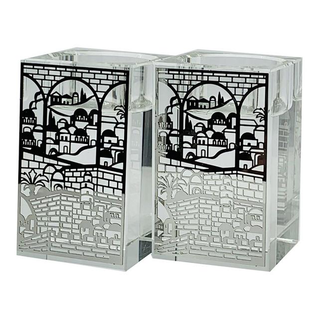 Jerusalem Candle Holders - Crystal Candlesticks with Laser Cut Metal Plate Design - Shabbat Candle Holders