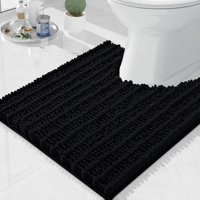 Arotive Luxury Toilet Rugs U-Shaped 20x20, Extra Soft Thick Absorbent Shaggy Chenille Bath Rugs, Non-Slip Machine Wash Dry, Bath Mat for Toilet Base, Tub and Shower, Home Decor Accessories, Black