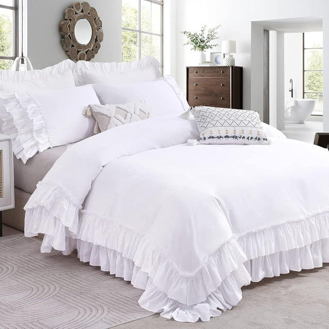 QSH Ruffle White Duvet Cover California King Size- Washed Cotton Shabby Farmhouse Chic Ruffled Bedding 3pcs(1 Soft Cotton Duvet Cover +2 Ruffle Pillowshams) Aesthetic French Country Calking Bed