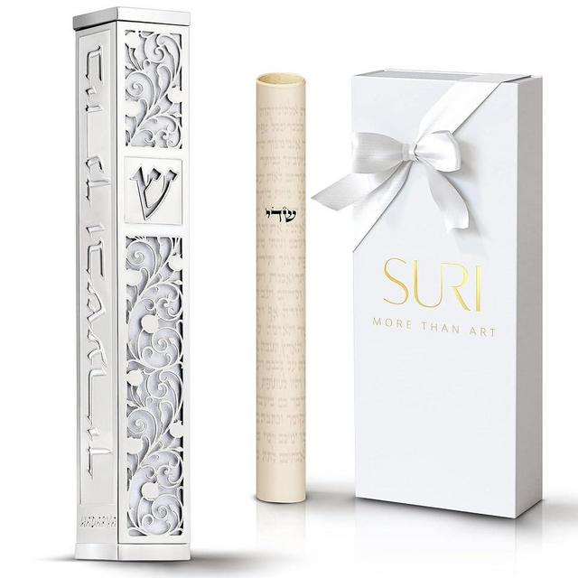 Mezuzah for Door with Jerusalem Design | Contemporary 5-Inch Silver and Gold Jewish Mezuzah Style | Includes Mezuzah Adhesive for Easy Installation - Gift Box and non-kosher Scroll Included