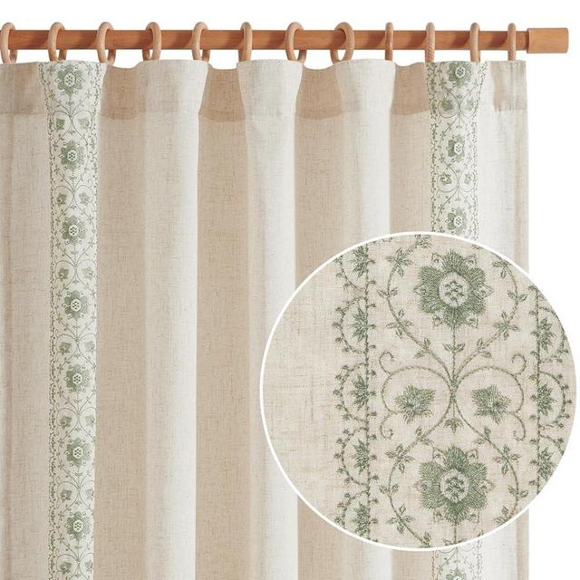 jinchan Linen Curtains for Bedroom Sage Green Vintage Floral Farmhouse Curtains 63 Inch Boho Curtains for Living Room Embroidered Drapes Light Filtering Rod Pocket Sage on Beige 2 Panels