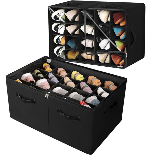 TOPIA HOME Shoe Organizer for Closet 2 Pack, Foldable Shoe Box with Adjustable Divider and Clear Cover, Space Saving Shoe Storage Organizer Cabinet with Reinforced Handles, Fits 40 Pair, Black, TP11B