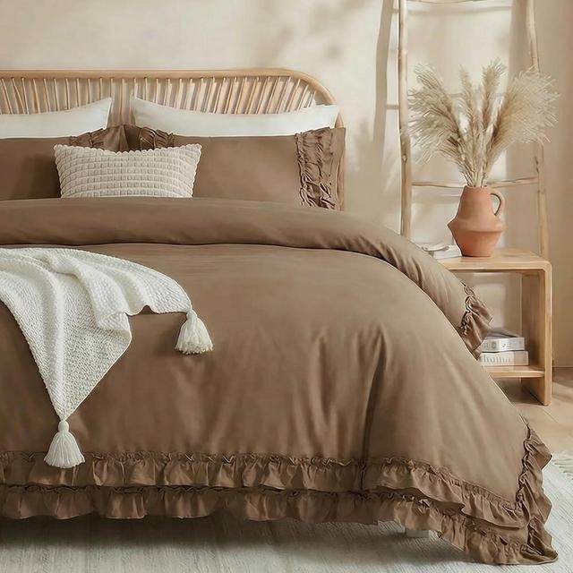 Merryword 100% Cotton Ruffled Comforter Set Queen, Dark Brown Shabby Chic Farmhouse Bedding Set French Country Cute Comforter Set