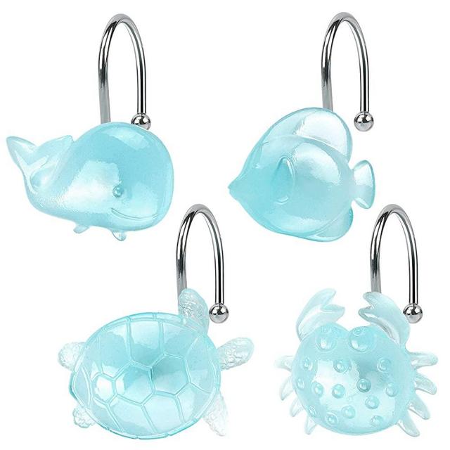 Decorative Sea Life Shower Curtain Hooks, Funny Ocean Animal Collection Cute Bathroom Décor for Kids, Glow in The Dark, Crab, Sea Turtle, Whale, and Clown Fish, Blue