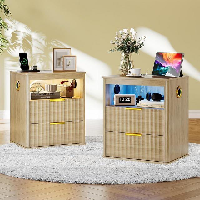Lvifur Fluted Night Stand Set of 2 - with Bluetooth Speaker,Smart Bedside Table with Charging Station,LED End Tabe with Human Sensor Lights,RGB Nightstand w/ 2 Drawer,Bedroom,Natural