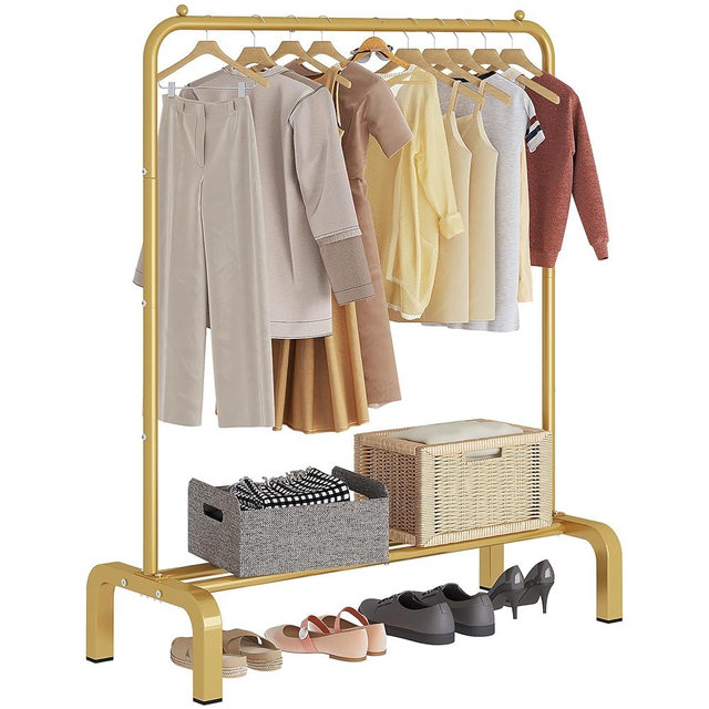 JIUYOTREE Standard Clothes Clothing Garment Rack with Storage Shelves Clothes Organizer for Hanging Clothes Coat Jacket Shirt Sweater Jeans Gold