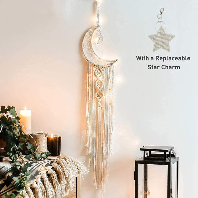 Boho Macrame Woven Wall Hanging, Crochet Crescent Moon Star Dream Catcher with Long Tassel- White Cotton Cord Handmade Bohemian Home Decor Ornament Decoration Art Craft Gift for Kids Bedroom Dorm Room