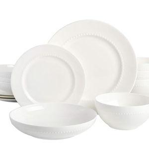 Gibson Elite Embossed White Bone China 16-Piece Double Bowl Dinnerware Set, Service for 4 – White Elegant Plates and Bowls