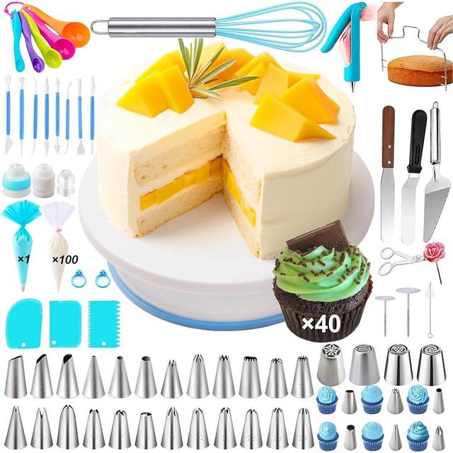 Suuker 207 PCS Cake Decorating Kit, 30 Piping Tips and 101 Piping Bags Sets, 4 Russian Piping Tips, 1 Turntable Stand, Cupcake Cookie Frosting Fondant Bakery Sets for Baking Beginners Professional