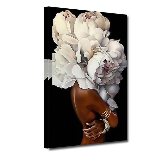African American Wall Art White Flower on Black Women Head Vintage Canvas Art Paintings Modern Abstract Girl Picture Home Wall Decor for Bedroom Living Room Framed Ready to Hang (White, 24x36inch)