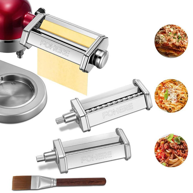 Pasta Maker Attachment for KitchenAid Stand Mixer, Pasta Maker Accessories Set Included Pasta Roller, Fettuccine Cutter, Spaghetti Cutter and Cleaning Brush, Homemade Fresh Noodles and Italian Cuisine
