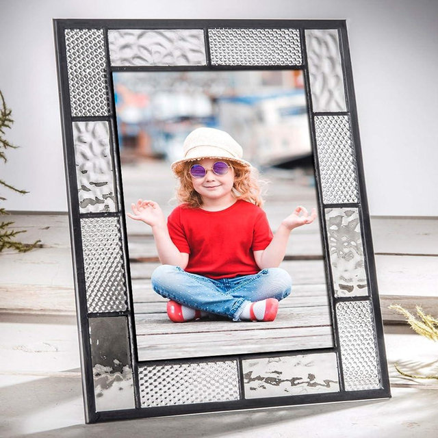 Grey & Clear Stained Glass Picture Frame 5x7 – Tabletop Display, Horizontal/Vertical