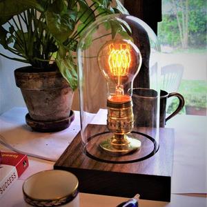 First class: American black walnut lamp in a classic brass setting, protected by a glass dome. Also an IN-LINE DIMMER and an Edison bulb