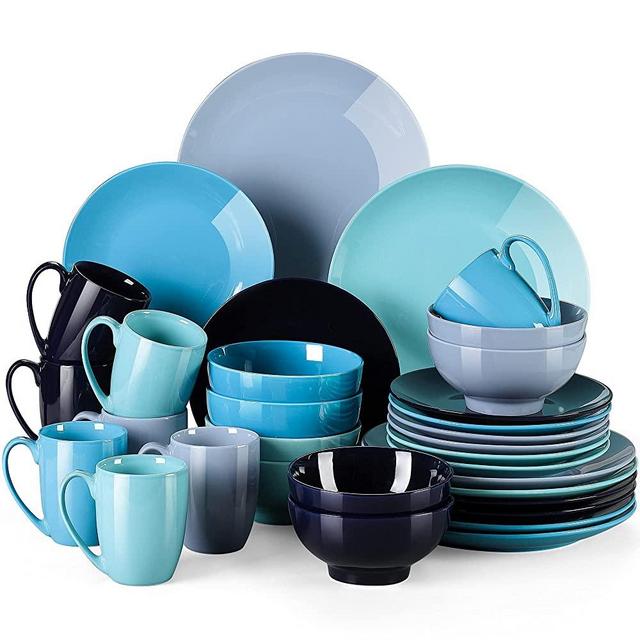 LOVECASA Round Porcelain Dinnerware Set, 32 Piece Dishes Dinner Sets, Dinner Plates, Dessert Plates, Bowls and Mugs Dishwasher Safe Ceramic Dishes, Service for 8, Multi Blue