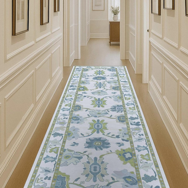 Fame Living Green Oushak Rug, Vintage Turkish Eclectic Floral Pastel Large Oversized Area Rugs for Living Room Dining Bedroom Kitchen Bathroom (55 CGRN, 2'5'' x 6'6)