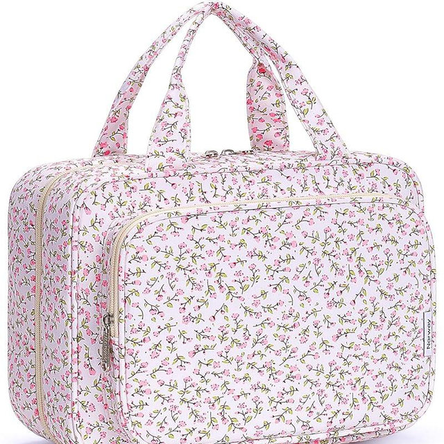 Narwey Travel Toiletry Bag for Women Large Hanging Makeup Bag Organizer Toiletries Bag for Full Size Essentials Accessories Cosmetics (Pink Flower (Large))