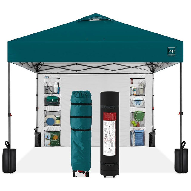 Best Choice Products 10x10ft Easy Pop Up Canopy w/Side Wall, 10 Pockets, Portable Carrying Case, 1-Button Setup, 4 Weight Bags - Cerulean