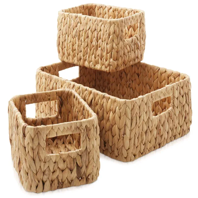 Casafield Water Hyacinth Storage Baskets, 3 Piece Set for Shelves - 1-Large, 2-Small - Woven Storage Bin Organizers with Handles