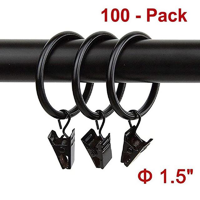 Lansian 100pcs Rustproof Drapery Matte Stainless Steel Metal Curtain Rings with Clips 1.5 inch Drapery Rings, Vintage Black (1.5" Interior Diameter)
