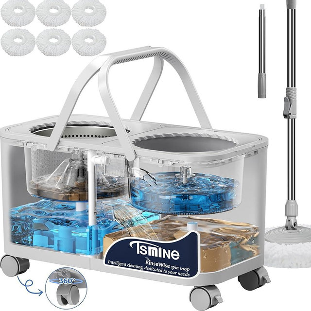 RinseWise Gen 1 2025 Compact Upgrade Mop Bucket Separate Dirty Water, Hands-Free Floor Cleaning Set with 360° Wheels, Wet Dry Mop for Hardwood, Tile & Laminate Floors, 61" Handle & 6 Mop Heads - Grey