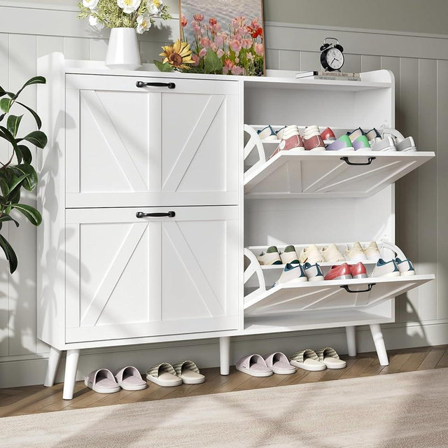 Sscaktu Shoe Cabinet Storage for Entryway, Hidden Slim Shoe Organizer, Shoe Cabinet with 4 Flip Drawers, Narrow Shoe Storage Cabinet Shoe Closet Shoe Rack for Hallway, White