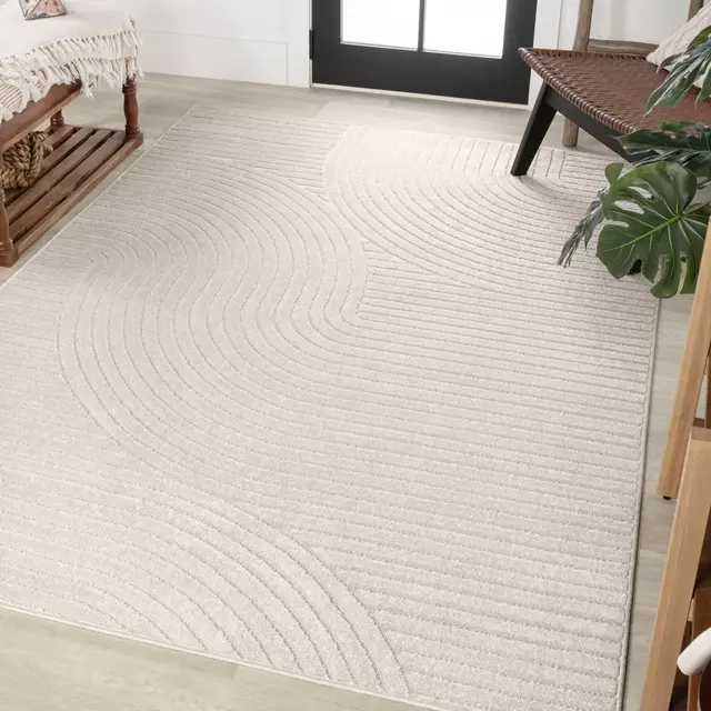 JONATHAN Y Skagen High-Low Minimalist Curve Geometric Ivory/Cream 8 ft. x 10 ft. Indoor/Outdoor Area Rug