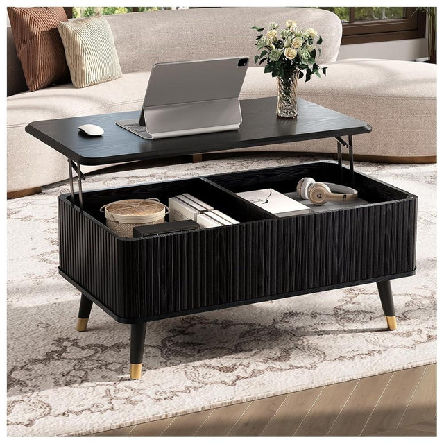 SULIVES Lift Top Coffee Table with Storage,Fluted Coffee Table with Lifting Top,Mid Century Modern Center Table with Solid Wood Legs,Small Coffee Tables for Living Room,Black