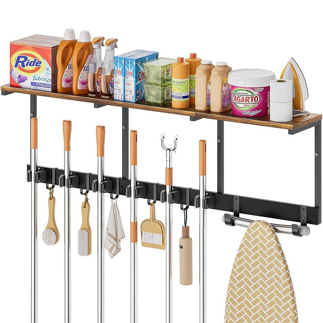 Broom Holder Wall Mount with Cleaning Supplies Organizer, Laundry Room Organization and Storage Shelves with Ironing Board Holder, Mop Hanger Broom Rack with Hooks, Home Improvement Garage Organizer