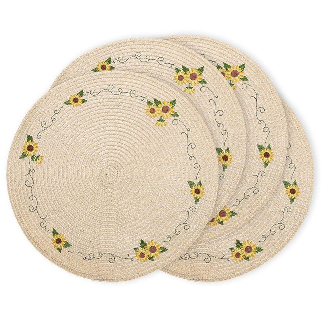 Whaline 4Pcs Round Sunflower Placemats Spring Summer Flower Embroidered Place Mats Floral Dinner Table Mats for Home Holiday Birthday Baby Shower Party Decor