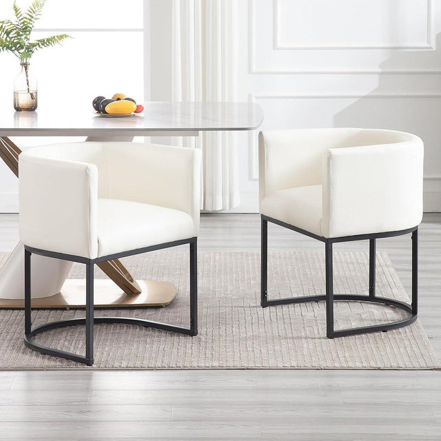 Modern Leather Upholstered Barrel Dining Chairs with Arms, Kitchen & Dining Room Set of 2, 18.5" Wide Bucket Chairs, Black Metal Frame, White