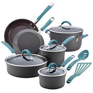 Rachael Ray 87641 Cucina Hard Anodized Nonstick Cookware Pots and Pans Set, 12 Piece, Gray with Blue Handles