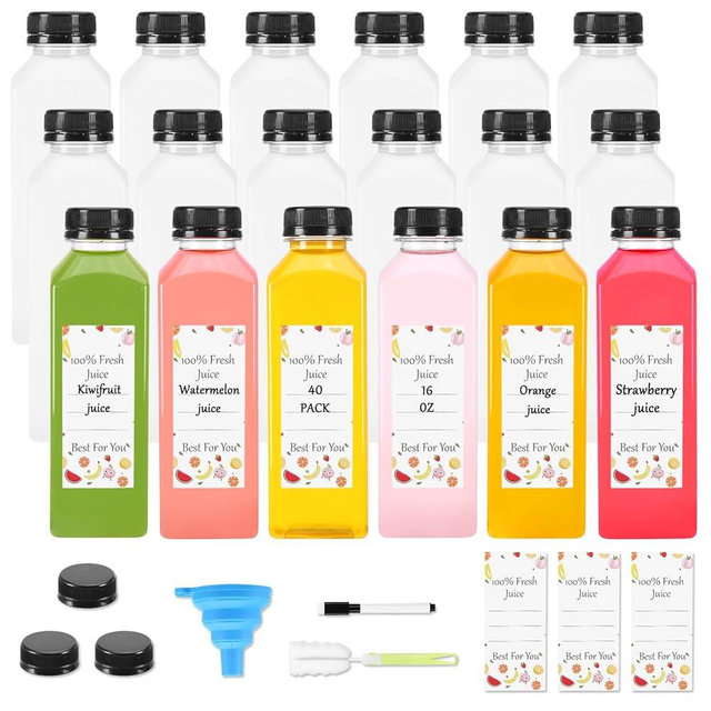 Janisfirst 40Pcs 16 oz Empty Plastic Juice Bottles with Caps,Reusable Clear Homemade Water Bottles Containers with Black Tamper Evident Caps for Juicing, Smoothie, Milk,Drinking and Other Beverages