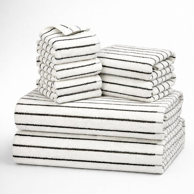 OIJIB 8 Pack Large Bath Towel Set, Cotton Striped Bath Towels for Bathroom, Black and White Bathroom Decor, 2 Bath 1.2 lb, 2 Hand Towels, 4 washcloths
