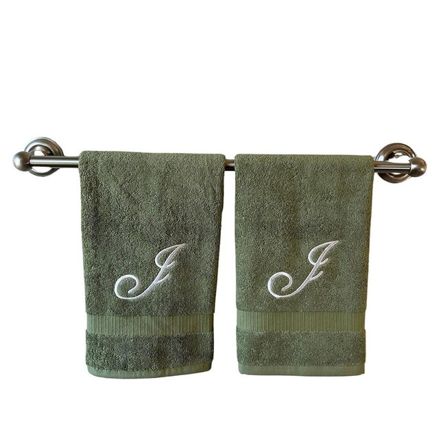 Sage Monogrammed Hand Towels for Bathroom - Luxury Hotel Quality Personalized Initial Embroidered Towel for Powder Room, Spa - GOTS Organic Certified - Set of 2 White Letter J