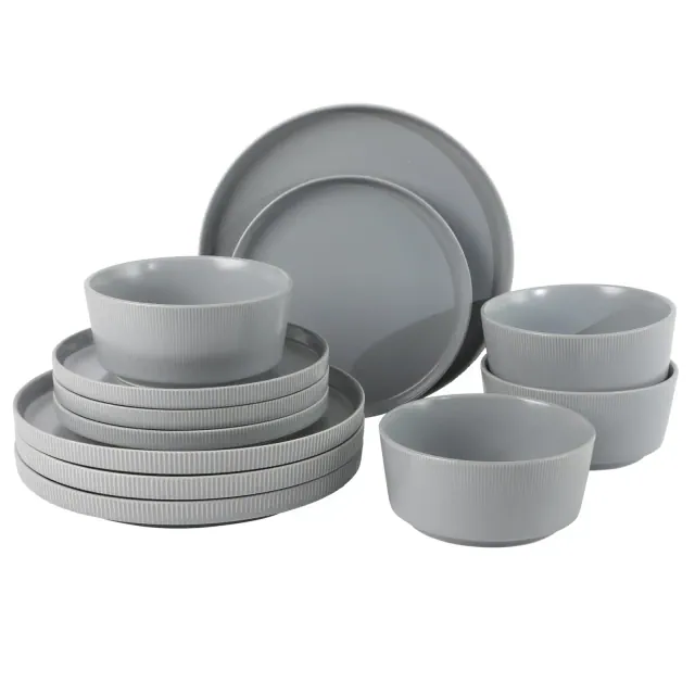 Gibson Home Dempsey Road 12-Piece Stoneware Embossed Dinnerware Set – Service for 4 - Grey