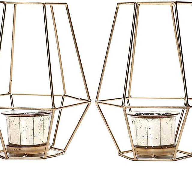 Hosley Set of 2 -7 Inch High Lantern With Metallic Gold Glass. Ideal GIFT for Weddings, Parties, Special Events, Spa, Aromatherapy, Votive Tealight Pillar Candle Gardens. (7''H * 2 count)