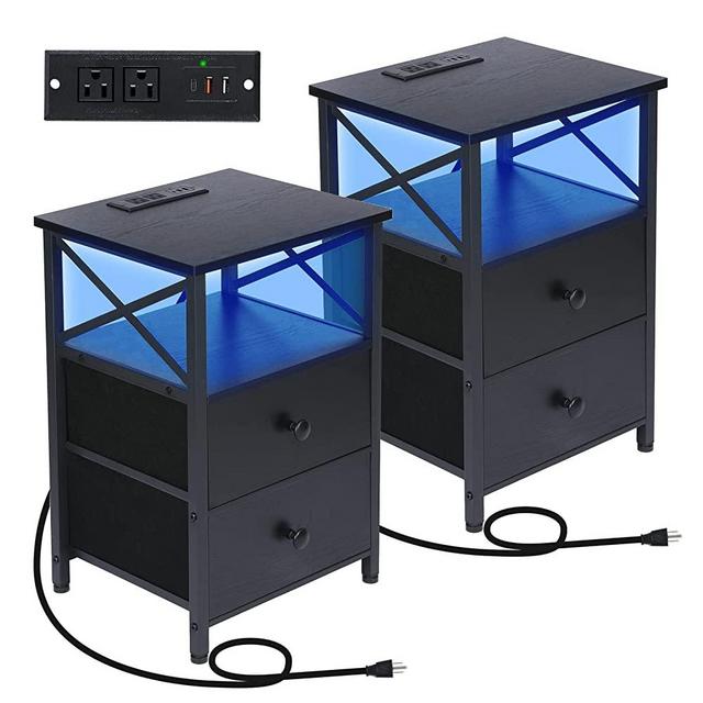 AMHANCIBLE LED Nightstands Set of 2, End Tables Living Room with Fast Charging Station, Bedside Table with USB C Charger Port and Power Outlet, Modern Night Stand with 2 Drawers for Bedroom Black