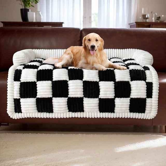 TOPCHANCES Dog Couch Covers, Thickened Quilted Plaid Funny Fuzzy Pet Sofa Mat Dog Cover Protector for Large Dogs (Black, 30x30 inch)