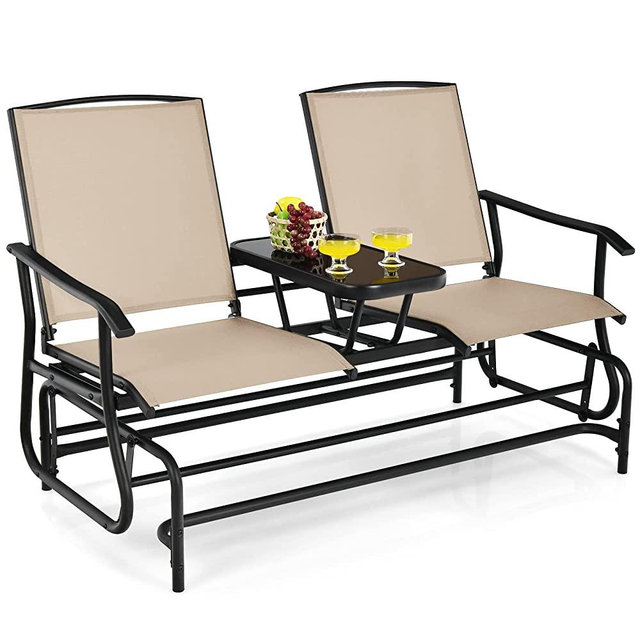 Tangkula 2 Person Swing Glider Chair, Patio Rocking Loveseat w/Center Tempered Glass Table, Outdoor Swing Bench w/Steel Frame & Breathable Mesh Fabric for Porch, Balcony, Poolside  (Beige)