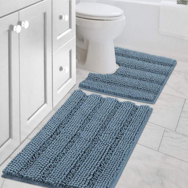 Bathroom Rugs Luxury Chenille 2 Piece Mats Soft Plush Striped 32''x20'' Bath Rug + 20''x20'' Toilet Mat Microfiber Shaggy Carpet, Super Absorbent Mats, Machine Washable(Curved Set, Stone Blue)