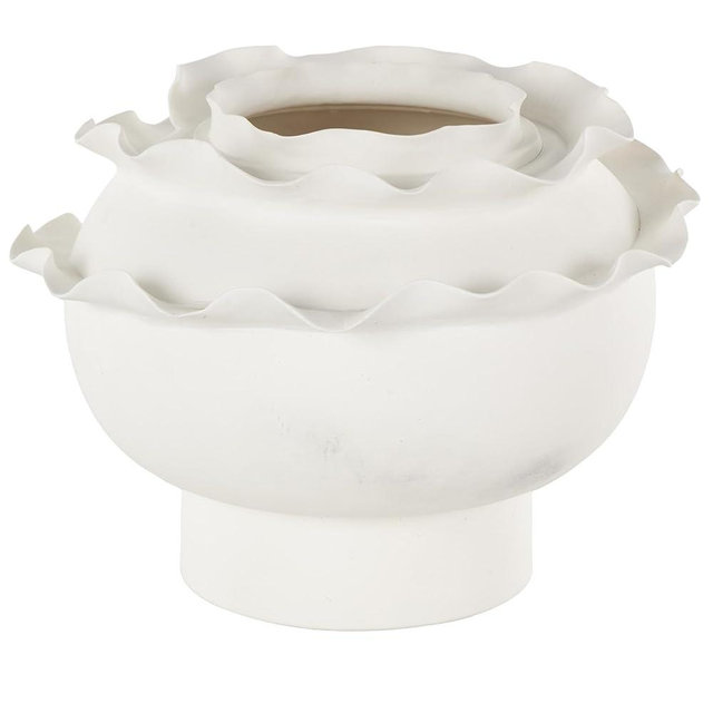 Deco 79 Ceramic Abstract Wide Rounded Floral Inspired Vase with Layered Petals, 12" x 12" x 9", White