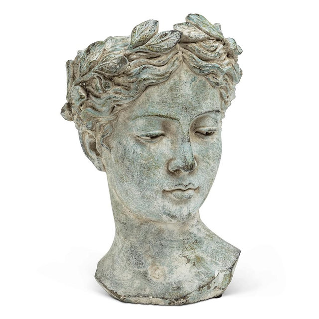 Abbott Collection Large Woman Head Planter | Hand-Finished Greco-Roman Style, Indoor & Outdoor, For Flowers & Succulents, Cement, Gray, 10"H